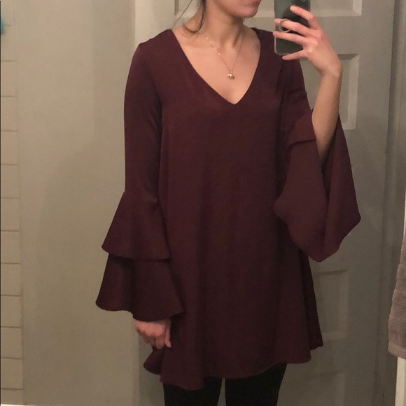 LULUS Burgundy flowy sleeve shift dress - Picture 2 of 4